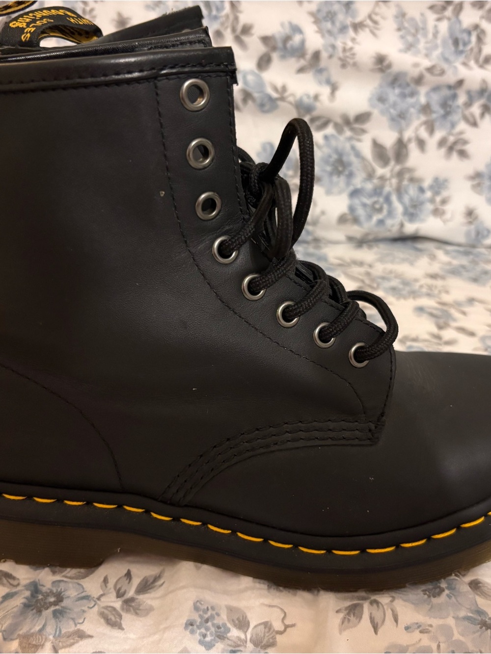 Dr. Martens Black Leather Lace-Up Boots with Yellow Stitching - Picture 2 of 6